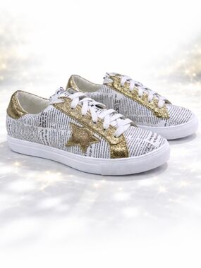 Gold Star Newspaper Print Sneakers Casual Chic Street Style
